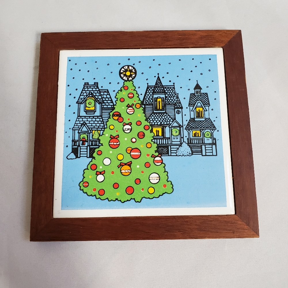 Vintage Jasco Wood Framed Christmas Tree Tile Trivet